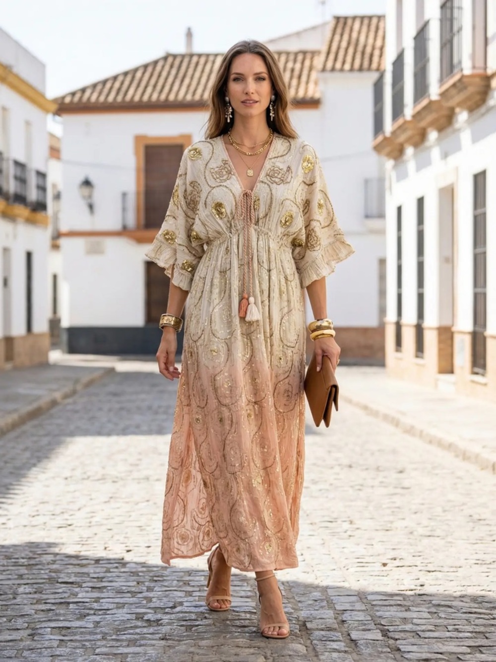Boho Ombre Maxi Dress in Cream and Peach